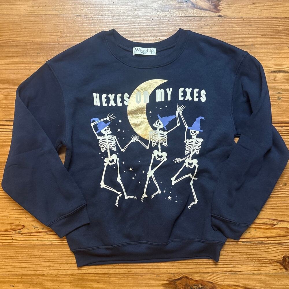 Wound Up funny Halloween blue skeleton hexes on my exs crew sweatshirt SIZE M‎